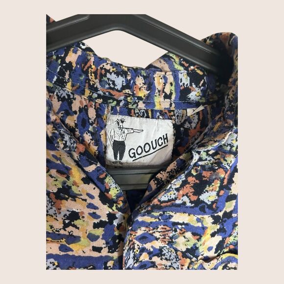 🧿 VTG 80s GOOUCH BUTTON UP BLOUSE TOP RAYON MAGIC EYE BLUE PRINT MEDIUM - Picture 4 of 5